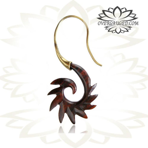 Pair of Ornate Brass Earrings with Carved Sono Wood 18g (1mm) Tribal Brass Talons.