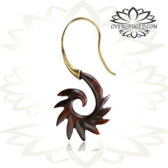 Pair of Ornate Brass Earrings with Carved Sono Wood 18g (1mm) Tribal Brass Talons.
