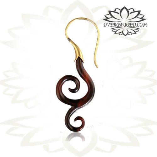 Pair of Ornate Carved Sono Wood 18g (1mm) Brass Antiqued Polished Spirals Earrings.