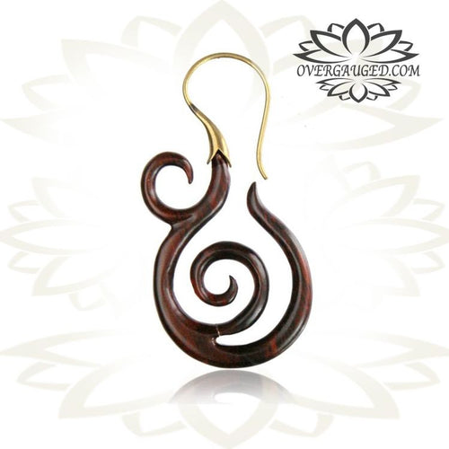 Pair of Ornate Brass Earrings with Carved Sono Wood, Brass Spiral Earrings 18g.