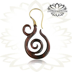 Pair of Ornate Brass Earrings with Carved Sono Wood, Brass Spiral Earrings 18g.
