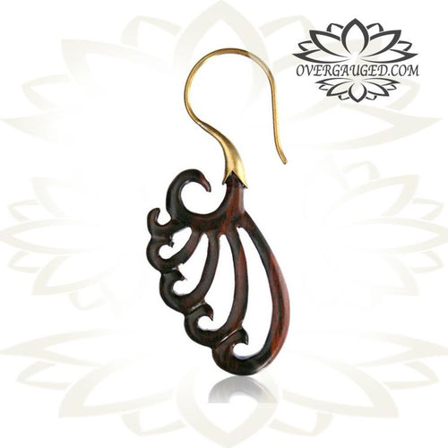 Pair of Tribal Brass Earrings with Carved Sono Wood, Brass Spirals Earrings.