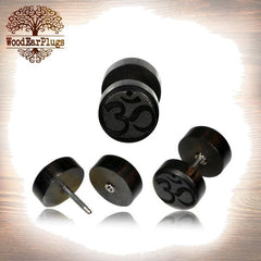 Pair of Om Symbol Fake Gauge Earrings, Iron Wood Plugs, 18g Threaded Surgical Steel Post (00g Cheater)