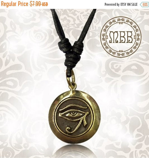 Tribal Brass Eye of Horus Pendant 3/4&quot; inch (20mm length) Amulet on Adjustable Cotton Cord Necklace.