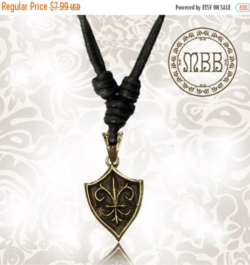Tribal Brass Fleur de Lys (Flor De Lis) Shield Pendant 1&quot; 1/4 inch (30mm length) Amulet on Adjustable Cotton Cord.
