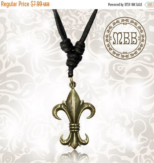 Tribal Small Brass Fleur de Lys (Flor De Lis) Pendant 1&quot; 1/4 inch (30mm length) Amulet On Adjustable Cotton Cord Necklace.