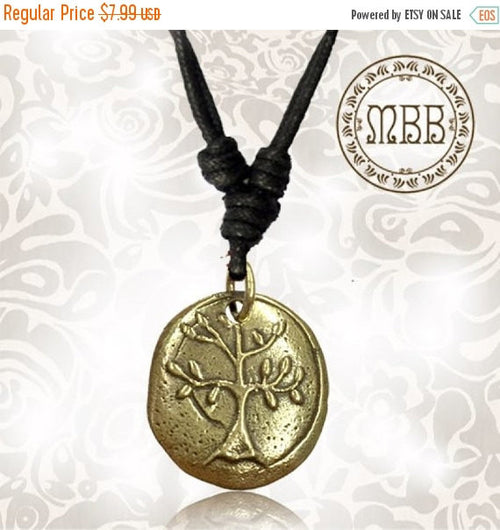 Tribal Small Brass Tree of Life Pendant 7/8&quot; inch (23mm length) Amulet On Adjustable Cotton Cord Necklace.