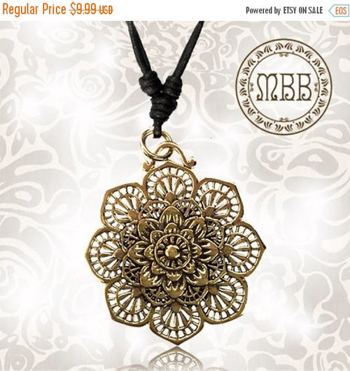 Single Large Tribal Brass Mandala Flower Pendant 1&quot; 3/4 inch (44mm diameter) Adjustable Cotton Cord Necklace.