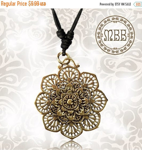 Single Ornate Brass Pendant, Size 1&quot; 3/4 inch (45mm long), Adjustable Cotton Cord Necklace.