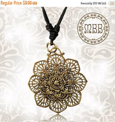 Single Large Tribal Brass Mandala Flower Pendant 1&quot; 3/4 inch (44mm diameter) Adjustable Cotton Cord Necklace.