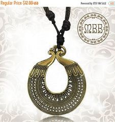 Single Ornate Tribal Big Brass Pendant 1&quot; 3/4 inch (45mm long) Amulet On Adjustable Cotton Cord Necklace.