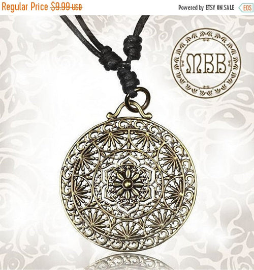 Tribal Mandala Flower Brass Pendant 1&quot; 1/2 inch Amulet On Adjustable Cotton Cord Necklace.
