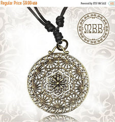 Tribal Mandala Flower Brass Pendant 1&quot; 1/2 inch Amulet On Adjustable Cotton Cord Necklace.