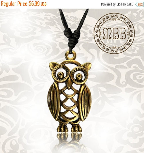 Tribal Brass Pendant Wise old Owl 1&quot; 3/8 inch (35mm diameter) Amulet On Adjustable Cotton Cord Necklace.