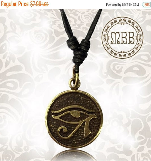 Single Small Brass Eye of Horus Pendant 15/16&quot; inch (24mm length), Adjustable Cotton Cord Necklace.