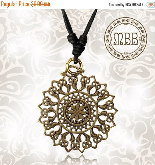 Single Large Tribal Brass Mandala Flower Pendant 1&quot; 5/8 inch (40mm diameter) Adjustable Cotton Cord Necklace.