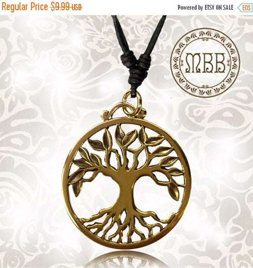 Tribal Big Brass Tree of Life Pendant 1&quot; 5/8 inch (41mm diameter) Amulet On Adjustable Cotton Cord Necklace.