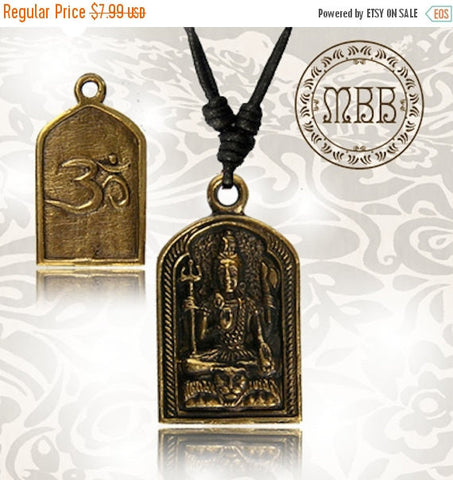 Tribal Brass Hindu God Shiva Pendant 1&quot; 1/4 inch Amulet On Adjustable Cotton Cord Necklace.