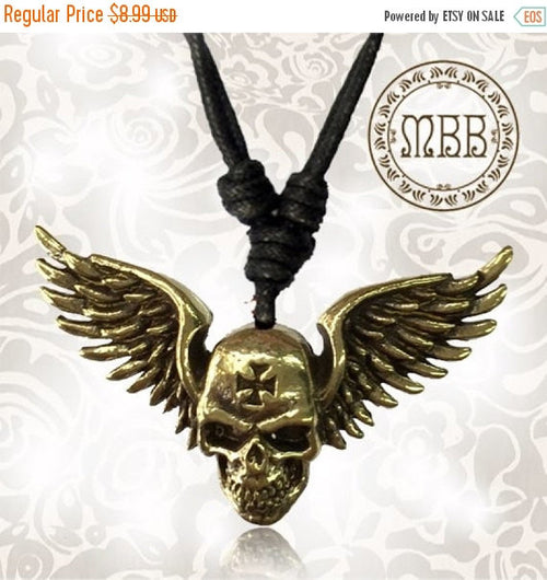 Tribal Brass Skull Wings Biker Pendant 1&quot; 3/8 inch (35mm width) Amulet On Adjustable Cotton Cord Necklace, Goth Gothic Charm.