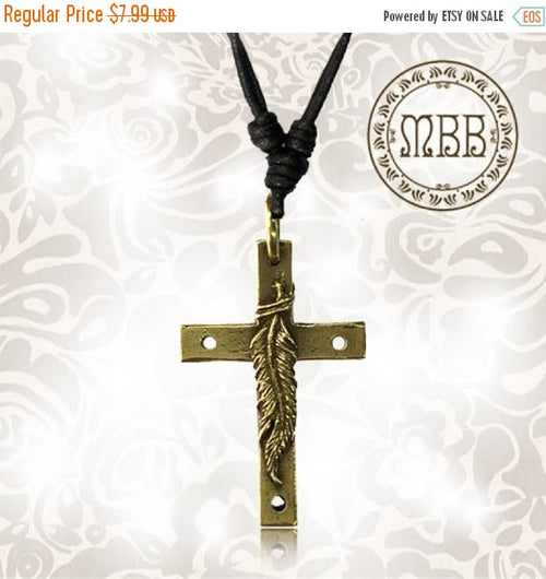 Tribal Small Brass Cross with Feather Pendant 1&quot; 1/4 inch Amulet On Adjustable Cotton Cord Necklace.