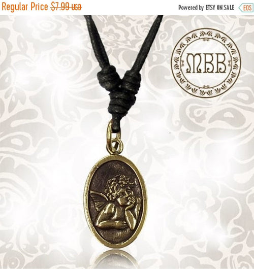 Single Angel Small Brass Pray for Us Pendant 1&quot; inch (26mm length) Amulet On Adjustable Cotton Cord Necklace.