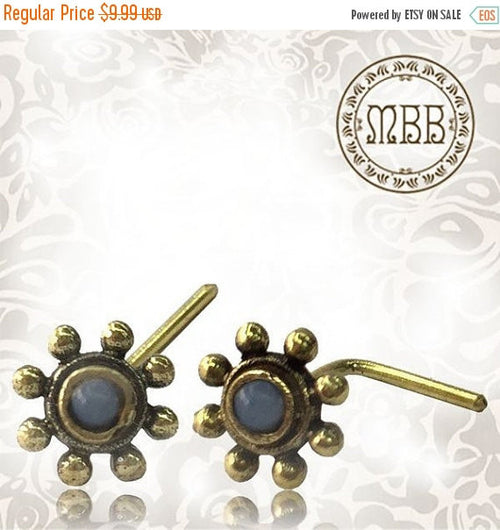 Single Ornate Brass Flower Nose Stud With Moon Stone Inlay.Brass Nose studs, Brass Piercing