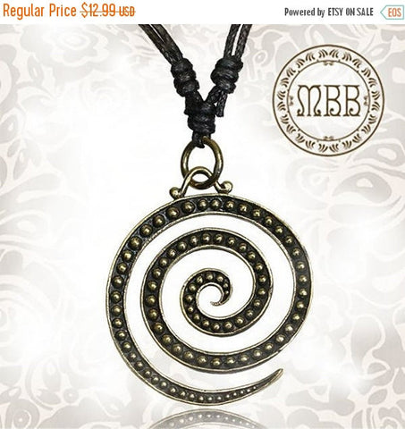 Single Tribal Brass Pendant, Large Spiral (35mm diameter), Adjustable Cotton Cord Necklace.
