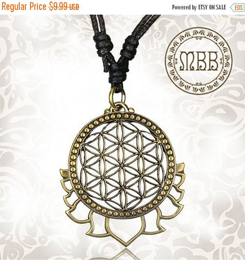 Single Ornate Tribal Brass Flower of Life, Lotus Flower Pendant, Size 1&quot; 3/4 inch (45mm long), Adjustable Cotton Cord Necklace.