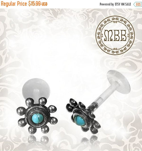 Single Antiqued Sterling Silver And Bio PlastiK Labret With Turquoise, 16g 1.2mm,Helix, Conch, Ear, Nose Stud, Earring Madonna.