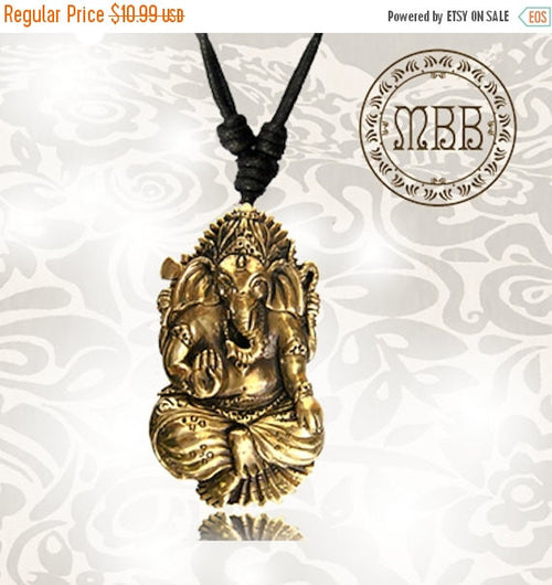 Single Large Brass Seated Hindu God Ganesh Pendant 1&quot; 3/4 inch (45mm diameter) Amulet On AdjustableCotton Cord Necklace.