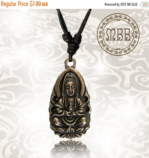 Single Tribal Hindu Goddess Quan Yin on Lotus Brass Pendant, 1&quot; 3/8 inch (35mm diameter), Adjustable Cotton Cord Necklace.