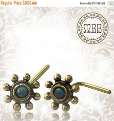 Single Ornate Tribal Flower Brass Nose Stud With Inlayed Turquoise Stone .