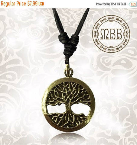 Single Big Brass Tree of Life Pendant 1&quot; 5/8 inch Amulet On Adjustable Cotton Cord Necklace.