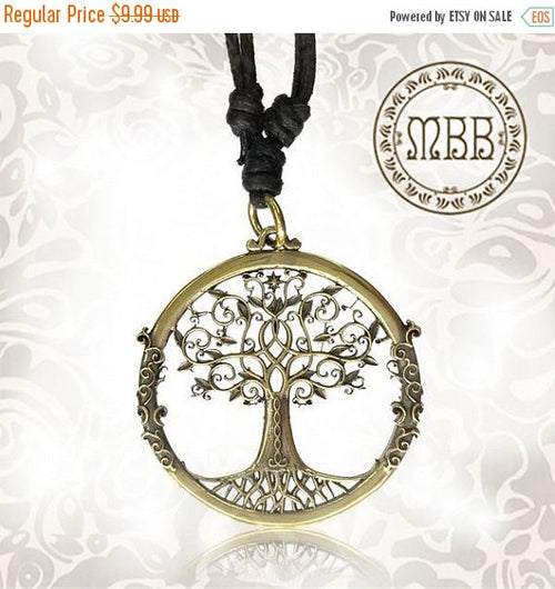 Single Big Brass Tree of Life Pendant 1&quot; 5/8 inch Amulet On Adjustable Cotton Cord Necklace.