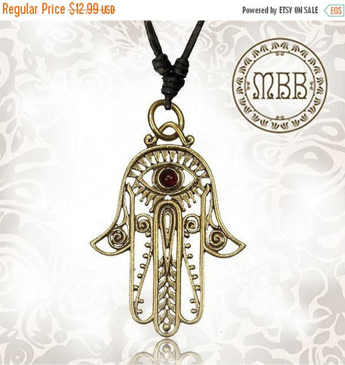 Tribal Brass Hamsa Hand with Turquoise / Red Garnet Stone Pendant 1&quot; 5/8 inch (40mm) Amulet On Adjustable Cotton Necklace.