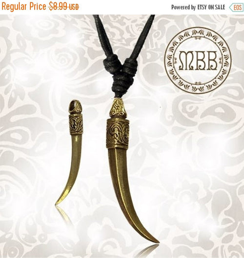 Tribal Large Tribal Brass Tusk Saber Tooth Claw Pendant 2&quot; 1/4 inch Amulet On Adjustable Cotton Cord Necklace.