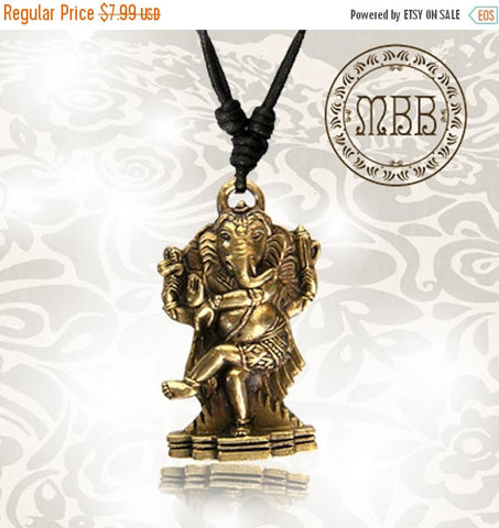 Single Large Brass Seated Hindu God Ganesh Pendant 1&quot; 3/4 inch (45mm diameter) Amulet On AdjustableCotton Cord Necklace.