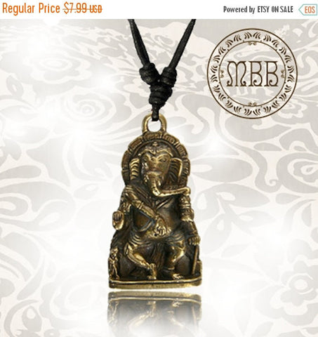 Single Small Brass (Hindu God) Ganesh Pendant 1&quot; 1/4 inch (31mm length) Adjustable Cotton Cord Necklace. Yoga Pendants.