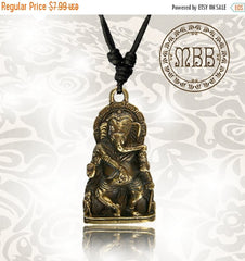 Tribal Brass Standing Hindu God Ganesh Pendant 1&quot; 5/8 inch Amulet On Adjustable Cotton Cord Necklace.