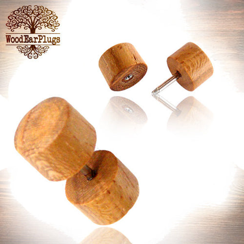 Pair of Fake Wooden Gauge Earrings Teak Wood Plugs 18g Threaded Surgical Steel Post (2g Cheater) Plug Gauges Tribal Piercing