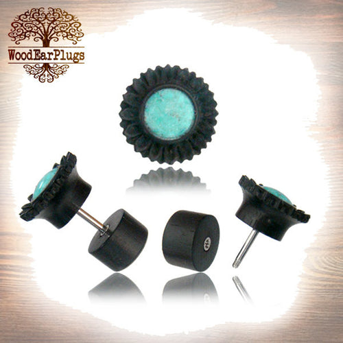 Pair of Wooden Fake Gauge Earrings, Turquoise Flower Carved Ebony Wood Fake Plugs, 18g Threaded Surgical Steel Post (Cheater).