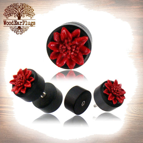 Pair of Fake Wooden Large Gauge Earrings, Ebony Leather Flower Fake Wood Plugs, 18g Threaded Surgical Steel Post (00g Cheater)