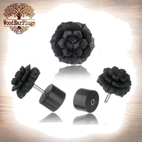 Pair of Fake Wooden Gauge Earrings, Flower Carved Ebony ,Fake Wood Plugs ,18g Threaded Surgical Steel Post (00g Cheater).