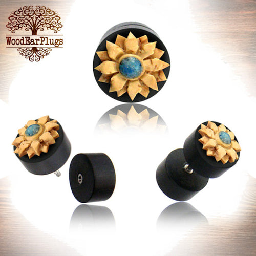 Pair of Fake Wooden Gauge Earrings, Coconut Shell Flower Carved Turquoise Fake Wood Plugs 18g Threaded Surgical Steel (0g Cheater).