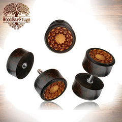Pair of Fake Wooden Gauge Earrings Tamarind Wood Laser Cut Jack Fruit Wood, 18g Threaded S.Steel post (Cheater)