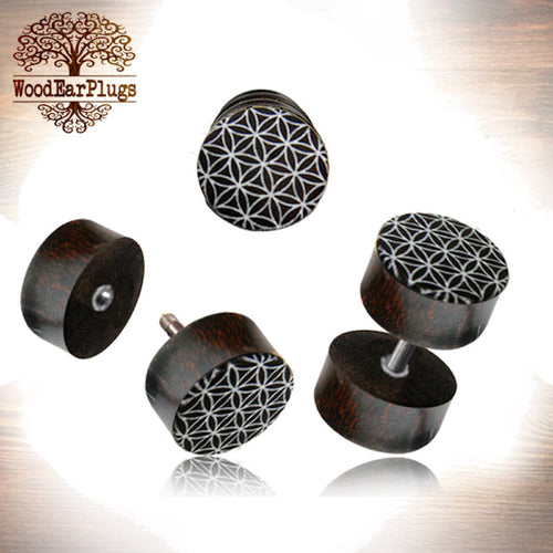 Pair of Fake Wooden Gauge Earrings Tamarind Wood Flower of Life Laser Carved Wooden Fake Plugs 18g Threaded S. Steel 00g Cheater Plug.