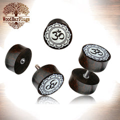 Pair of Fake Wooden Gauge Earrings, Tamarind Wood Ohm Symbol Lotus Laser Carved Fake Wood Plugs, 18g Threaded S. Steel 00g Cheater