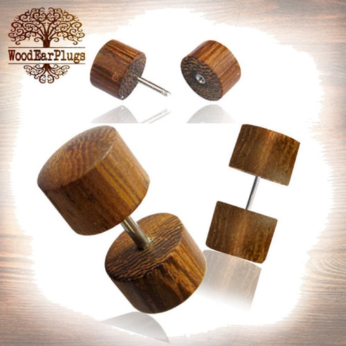 Pair of Fake Gauge Earrings, Siamea Wood Fake Plugs, 18g Threaded Surgical Steel Post (2g Cheater), Fake wood plug.