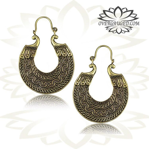 Pair of Ornate Brass Earrings Antiqued Afghan Tribal Hoops, Hangers Earrings.