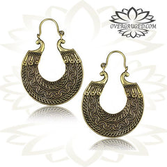 Pair of Ornate Brass Earrings Antiqued Afghan Tribal Hoops, Hangers Earrings.